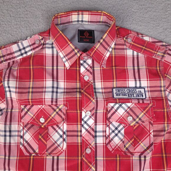 Swiss Cross Shirt Mens Medium Red Plaid Button Down New York Short Sleeve Preppy - Picture 2 of 16